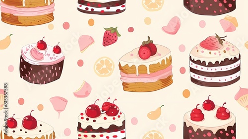 A delightful pattern of assorted cakes and fruits