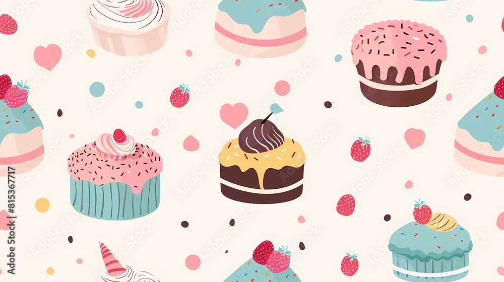 A delightful pattern of colorful cupcakes and berries with cute hearts