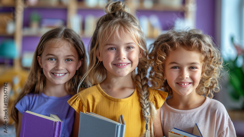 Happy kids holding books and staying on purple background.generative ai