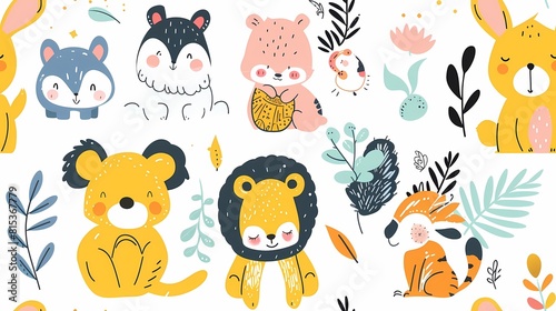 A cheerful collection of cartoon animals and plants in a whimsical pattern © abangaboy
