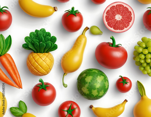 Vegetables and fruits. Harvest. Hot pepper, sweet peppers, peach, apple, eggplant, onion, plum, potato, green peas, carrot, banana. Realistic style.
