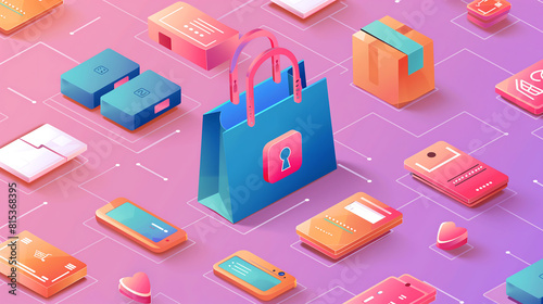 ecommerce shopping bag surrounded by various icons different types of products, mobile phones, laptops, boxes, security elements padlock symbolizing safety in online sales photo