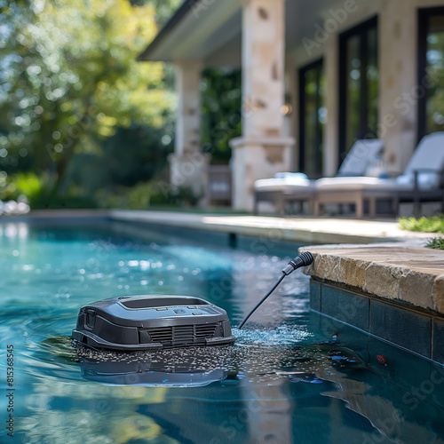 Black robotic pool cleaner in a blue water.