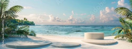 3d rendering of tropical beach with sand podium scene background
