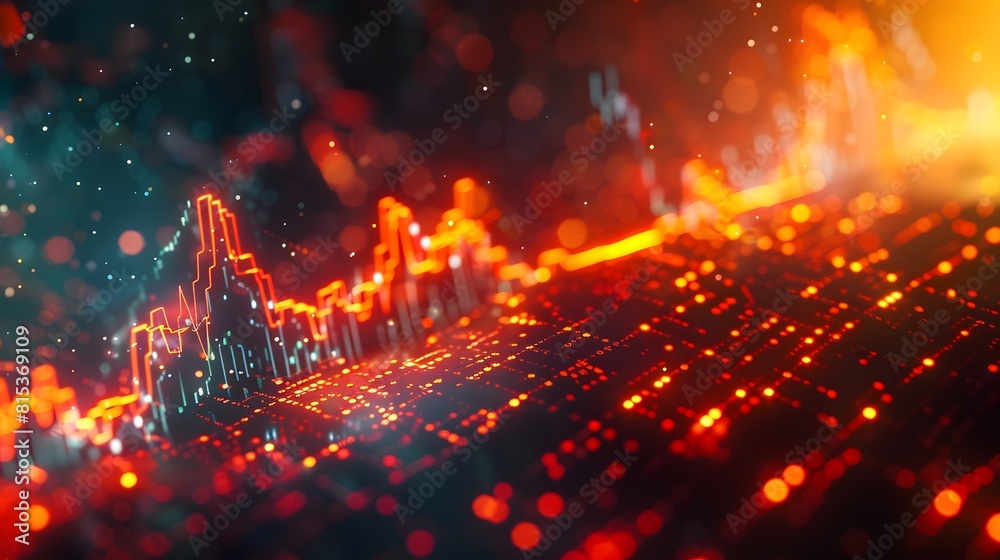 Naklejka premium Innovative digital artwork of a declining stock chart, representing economic crisis and financial loss, with a mix of abstract shapes, bright highlights, and dark shadows