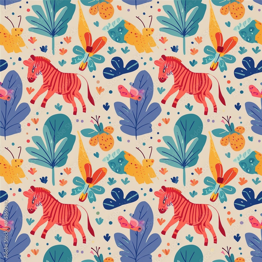 a pattern featuring exotic animals like zebras, giraffes, and elephants,