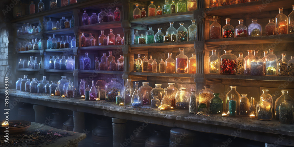 Bottles with magic potions on shelves in alchemist laboratory
