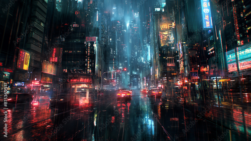 City street with skyscrapers and neon lights. City street with skyscrapers and neon lights.