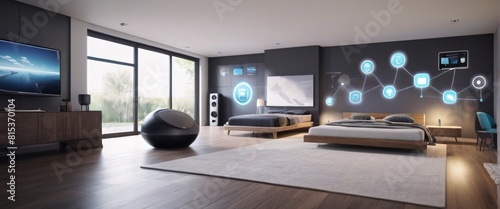 illustrate the concept of the Internet of Things with an image of a smart home, featuring various connected devices and appliances, shot from a low angle with a wide-angle lens generative AI