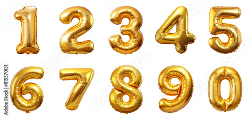 Gold balloons, alphabet letters and numbers. 3d vector realistic symbols. Festive decorations set, Golden Number Balloons 0 to 9. Foil and latex balloons. Helium balloons for anniversary and wedding photo