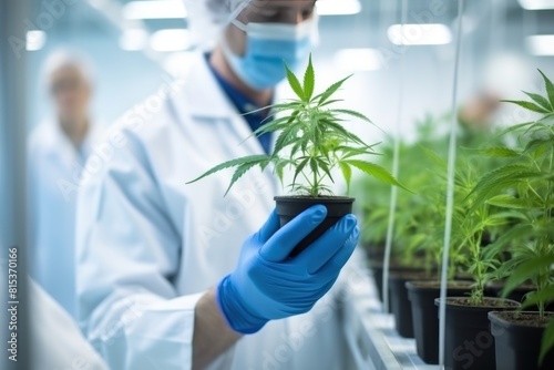 Scientist grows medical cannabis in scientific laboratory carefully checking quality of plants. Scientist lab technician in bathrobe and gloves checking medical cannabis plants in pots