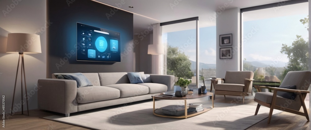 illustrate the concept of the Internet of Things with an image of a smart home, featuring various connected devices and appliances, shot from a low angle with a wide-angle lens generative AI illustrate the concept of the Internet of Things with an image of a smart home, featuring various connected devices and appliances, shot from a low angle with a wide-angle lens generative AI