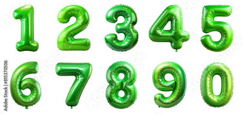 Green Foil balloons, alphabet letters and numbers. 3d realistic symbols. Festive decorations set, Golden Number Balloons 0 to 9. Foil and latex balloons. Helium balloons for anniversary and wedding