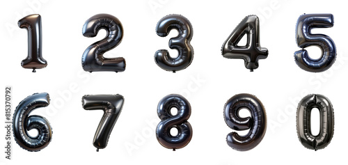 Black Foil balloons, alphabet letters and numbers. 3d realistic symbols. Festive decorations set, Golden Number Balloons 0 to 9. Foil and latex balloons. Helium balloons for anniversary and wedding