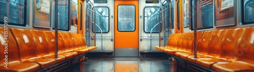 An empty subway car with orange seats. The car is clean and well-lit.