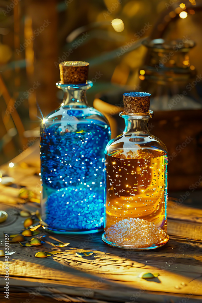 Two bottles of liquid sitting on a table. Two bottles of liquid sitting on a table.