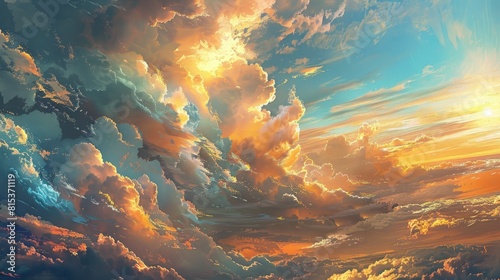 The idea of the Celestial World Sunrise and sunset embraced by billowing clouds © AkuAku