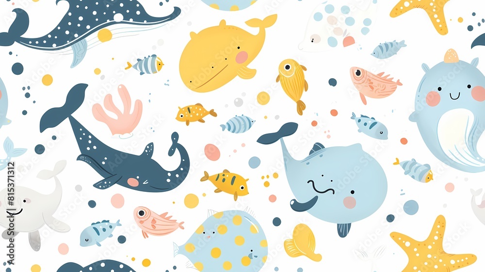 A playful pattern of cartoon sea creatures frolicking underwater A playful pattern of cartoon sea creatures frolicking underwater