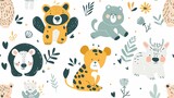 A playful pattern of cartoon wild cats and botanicals