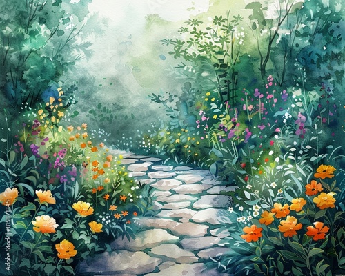 An artistic watercolor rendition of a flower garden, bursting with colorful blooms and delicate background elements Generative AI