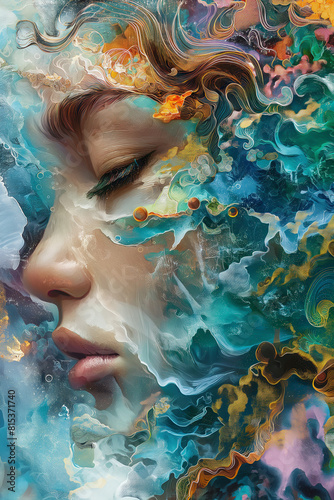 Colorful abstract portrait of a woman's face with closed eyes.