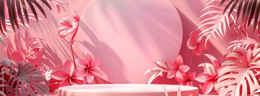 3D render, abstract background with colorful tropical flowers and leaves around an empty podium stand on a pink wall. Mock up 3D render, abstract background with colorful tropical flowers and leaves around an empty podium stand on a pink wall. Mock up