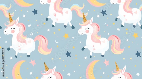 A whimsical pattern of unicorns stars and moons on a pastel background © abangaboy