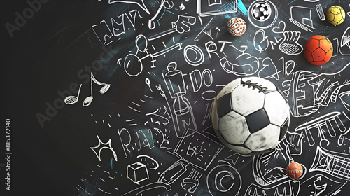 Soccer ball in goal is in net in white color. Generative AI. high quality illustration,Soccer ball drawn on chalkboard. White chalk and balckboard,Traditional soccer game with a leather ball
 photo