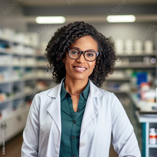 African American female pharmacist stands in medical robe smiling in pharmacy shop full of medicines. Smiling African American mature pharmacist in bathrobe over classic suit stands in pharmacy.