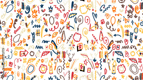 Fun colorful art line doodle seamless pattern. Creative minimalist style art background for children or trendy design with basic shapes. 