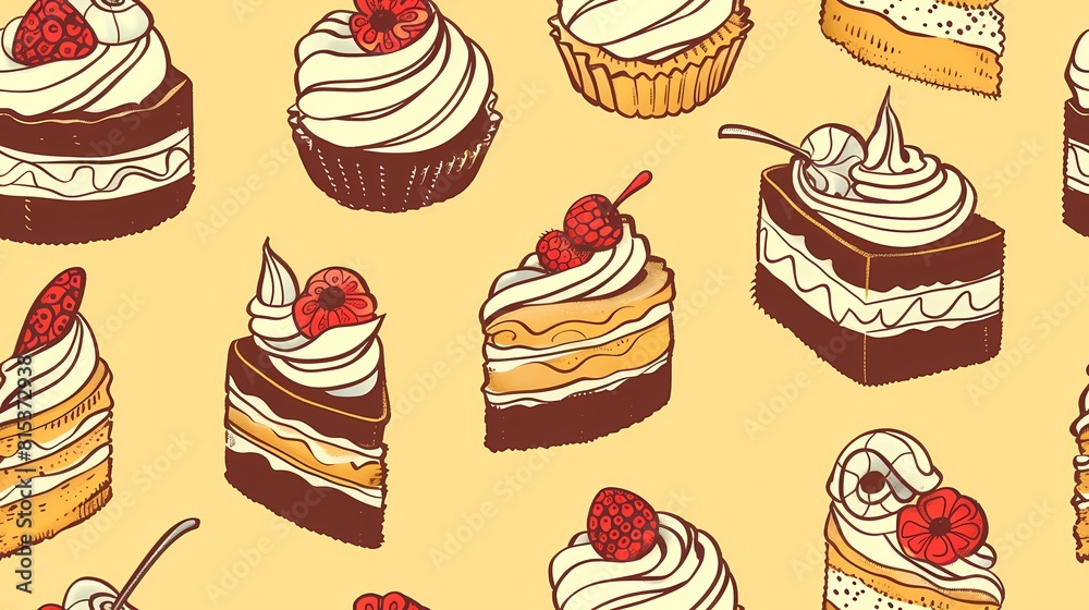 An array of illustrated delectable cakes and cupcakes