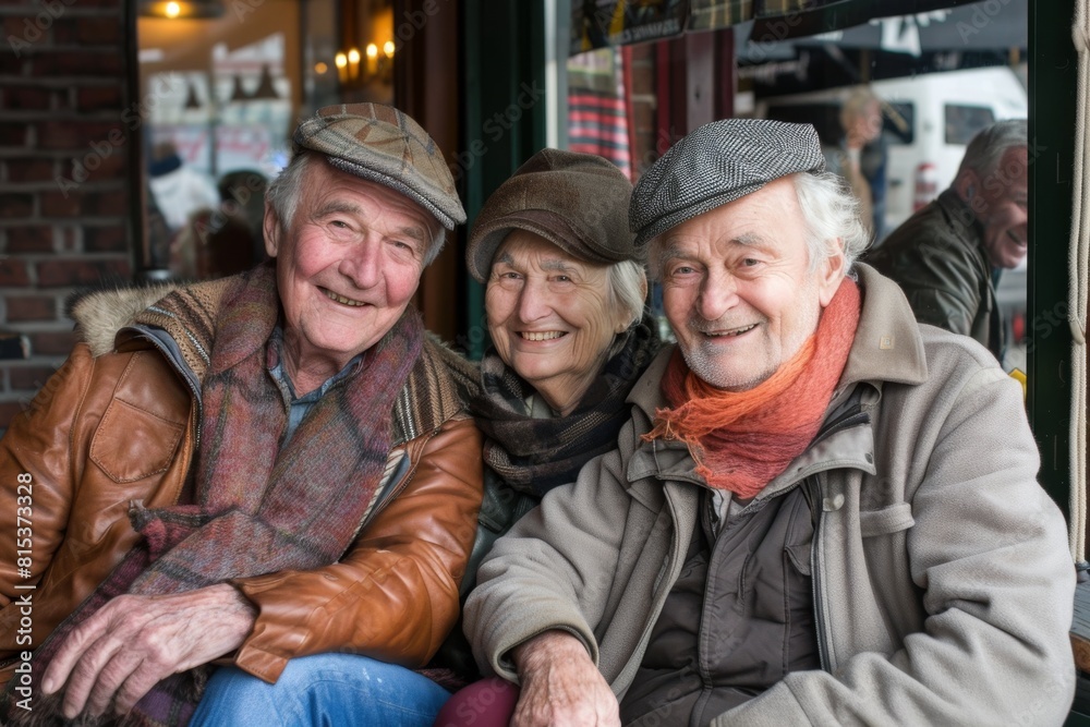 Portrait of three senior people sitting in a cafe, smiling. Portrait of three senior people sitting in a cafe, smiling.