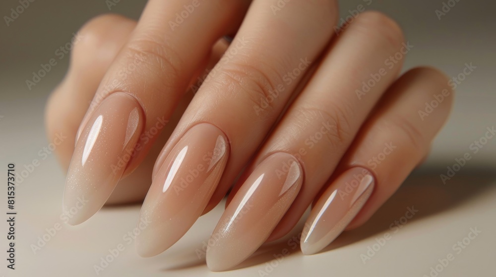 Closeup to woman hands with elegant neutral colors manicure. Beautiful nude manicure on long nails. Nude shade nail manicure with gel polish at luxury beauty salon Closeup to woman hands with elegant neutral colors manicure. Beautiful nude manicure on long nails. Nude shade nail manicure with gel polish at luxury beauty salon