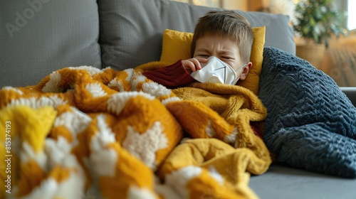 Little sick boy sits on the couch at home and blows his nose. On the couch  a sick boy finds solace in the warmth of his blanket  tissues scattered around him. His resilient spirit shines through.