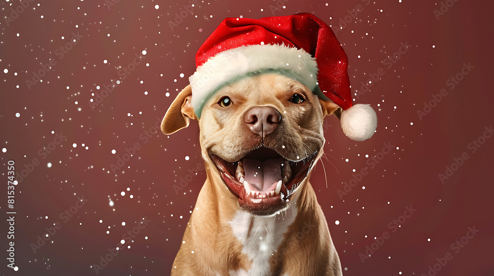 Christmas with happy dog wearing Santa hat, Dog dressed up for Christmas, red background Christmas with happy dog wearing Santa hat, Dog dressed up for Christmas, red background