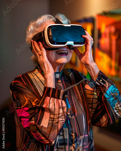 Captivated by the Virtual Realm.An elderly woman experiences the wonders of modern technology as she explores virtual reality through a headset, her face reflecting astonishment and curiosity.