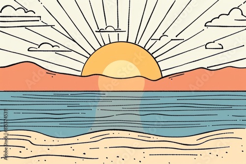 Cartoon cute doodles of a minimalist beach sunset with just a few curved lines depicting the sun sinking below the horizon  Generative AI