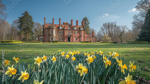 A wide shot of the grand red brick mansion surrounded by daffodils, on an English country estate lawn under a blue sky in springtime. Created with Ai
