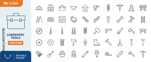 carpentry tool Line Editable Icons set. Containing toolbox, safety vest, builder, shovel trowel, hammer, screwdriver, screw, nut etc. Editable stroke. Vector illustration	