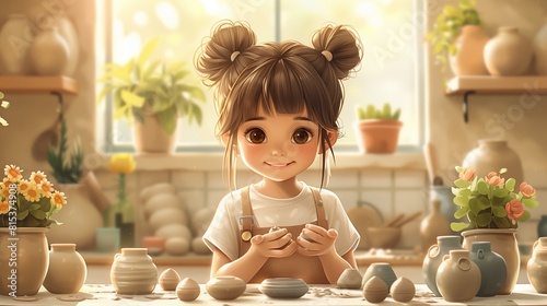 A young girl assisting in a pottery workshop, flat solid color illustration, beige background, detailed with clay pieces and focused attention. photo