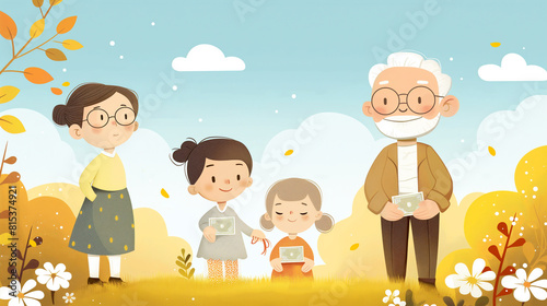 Happy family in the autumn park. Grandfather, grandmother, mother and two children. Vector illustration in flat cartoon style.