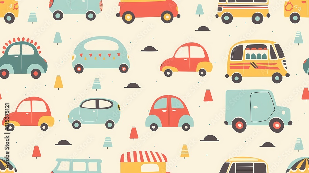 Colorful cartoon cars in a fun whimsical traffic pattern