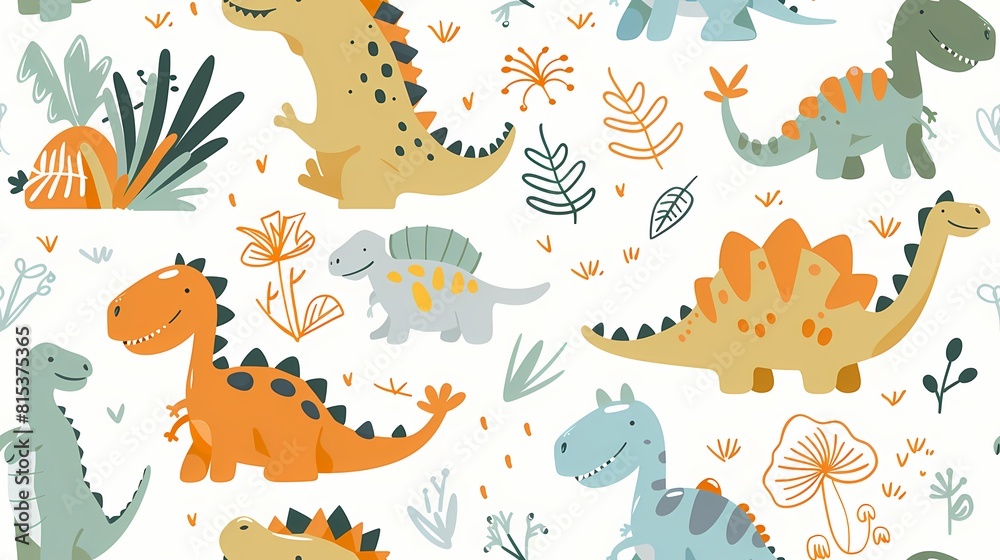 Colorful cartoon dinosaurs roaming in a playful patterned landscape Colorful cartoon dinosaurs roaming in a playful patterned landscape