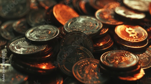 A macro image highlights a pile of coins under orange light  emphasizing its texture and monetary value