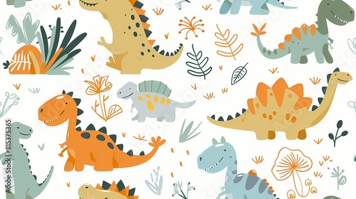 Colorful cartoon dinosaurs roaming in a playful patterned landscape © abangaboy