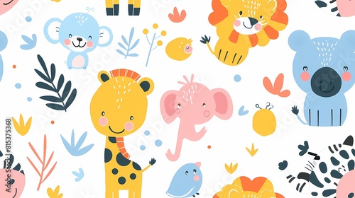 Colorful cartoon jungle animals in a playful pattern