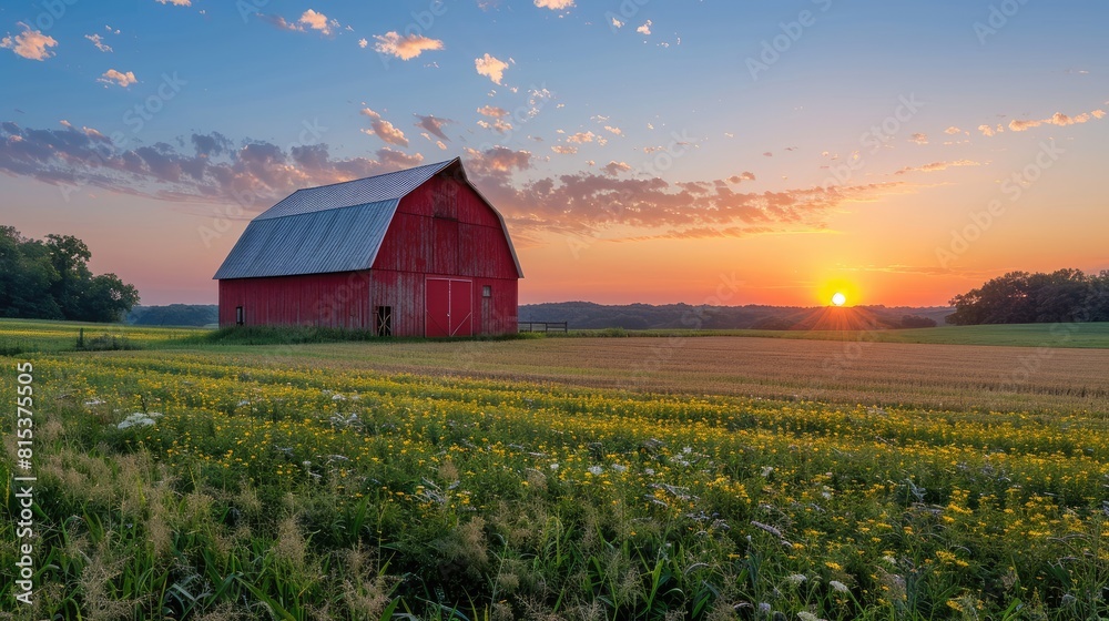 The concept of a farm field at sunset with a red barn The concept of a farm field at sunset with a red barn