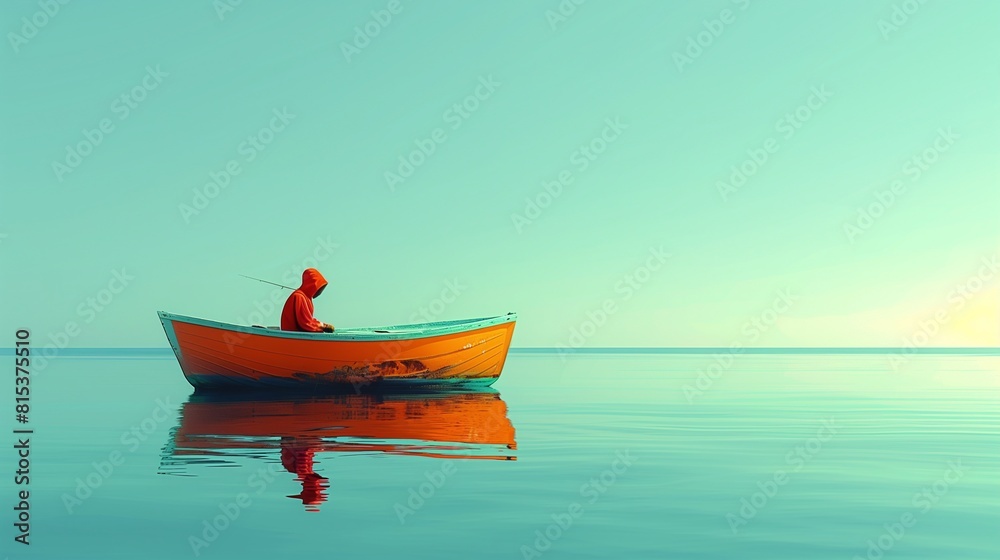 Flat solid color illustration of a child fisherman on a small boat, light blue background, capturing the expanse of the sea and the child's solitary figure.