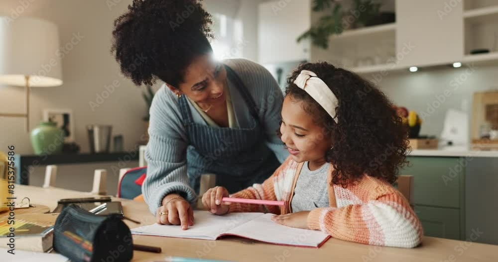 Mom, girl and excited with high five for homework with book to study or read for knowledge, education and learning. Parent, kid and school project with support, care and help for child development