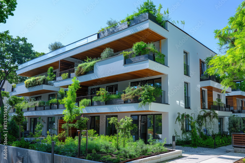 A sustainable apartment building with greenery on the balconies, surrounded by trees and nature. Created with Ai
